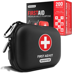 A compact and durable first aid kit designed for emergency preparedness. Featuring a comprehensive selection of medical supplies in a sleek black case, this kit provides essential tools for handling minor injuries and accidents at home, work, or on the go.